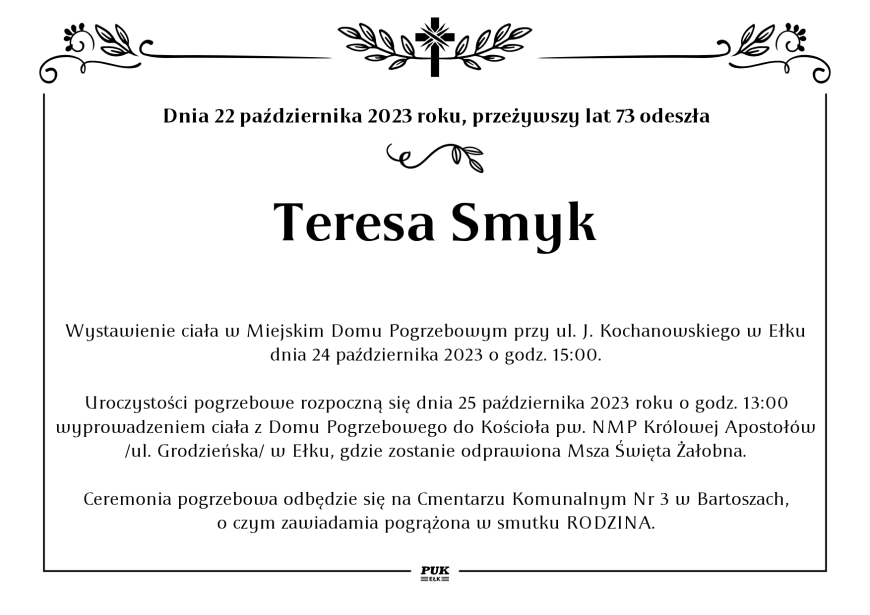 Teresa Smyk nekrolog i kondolencje Zakład Usług Pogrzebowych P U